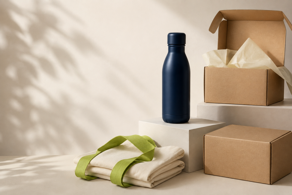 Navy water bottle, cotton tote with lime handles, and shipping boxes arranged on stepped plinths